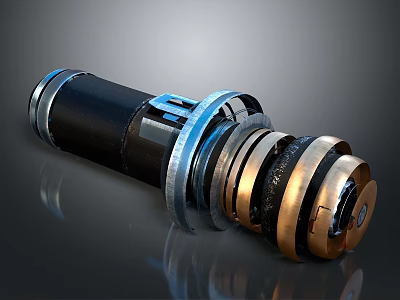 High Tech Weapon Component With Black Silver Gold Metallic Rings And Glossy Reflective Surface 3d model