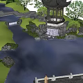 Rockery Stones In Misty Garden With Pond Pavilion Trees And High Rise Buildings