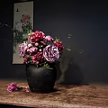 Black Ceramic Vase With Pink Purple Peonies On Wooden Table And Background Peony Butterfly Painting