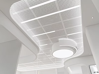 Modern Perforated Ceiling Design With Linear Lights And Circular Lamp 3d model