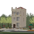Three Story Beige Detached Villa With Red Roof European Style Surrounded By Green Trees