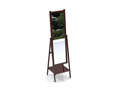 Full Length Floor Mirror With Wooden Stand And Bottom Shelf Design 3d model