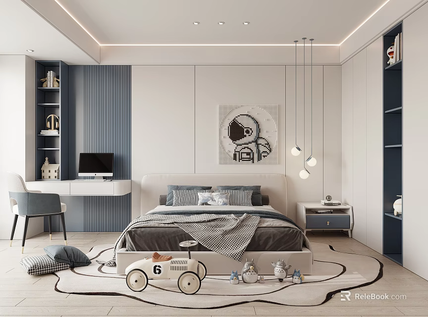 Modern Kids Room Interior Design With Bed Desk Astronaut Wall Art And Toy Car 3d model 