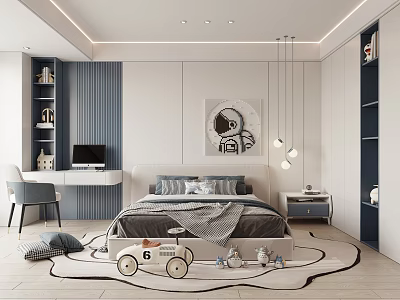 Modern Kids Room Interior Design With Bed Desk Astronaut Wall Art And Toy Car 3d model