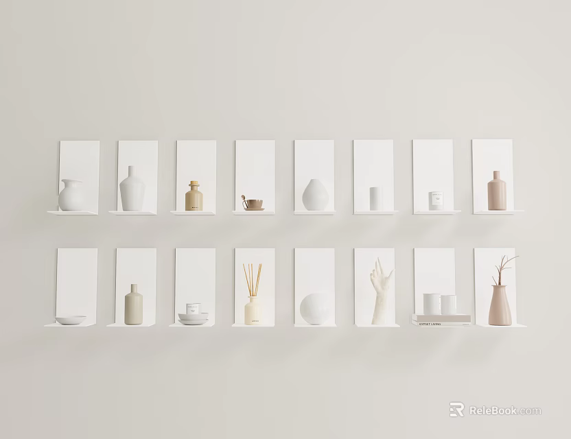 Minimalist Modern Decorative Ornament Combination with Vases Cups and Sculptures on White Shelves White Wall 3d model 