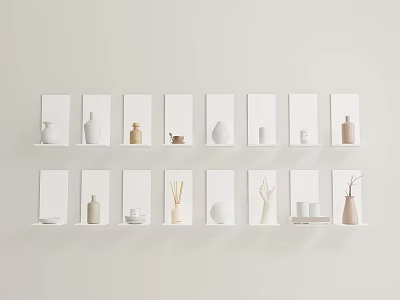 Minimalist Modern Decorative Ornament Combination with Vases Cups and Sculptures on White Shelves White Wall 3d model