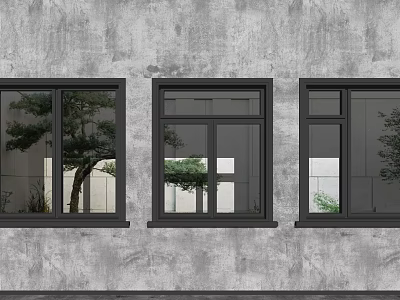 Modern Black Framed Windows on Gray Concrete Wall with Tree and Building Reflections 3d model