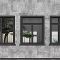 Modern Black Framed Windows on Gray Concrete Wall with Tree and Building Reflections