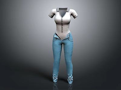 Short Sleeve Collared Light Colored Button Front Top With Blue Denim Jeans And Pockets 3d model