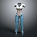 Short Sleeve Collared Light Colored Button Front Top With Blue Denim Jeans And Pockets 3d model