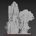 Abstract Sculptures With Stacked Layered Design And White Carved Structures On Brown Base