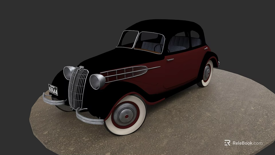 Vintage Black and Red Classic Car with Chrome Grille and White Wall Tires 3d model 