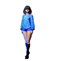 Woman With Short Hair And Glasses In Blue Checkered Sweater And Shorts On Black Background