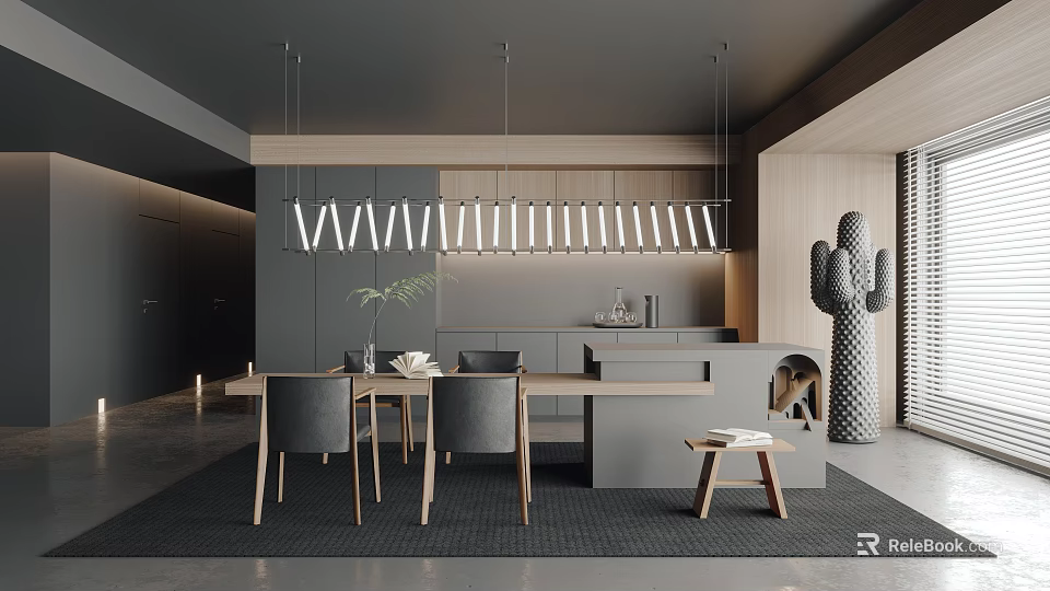 Modern Restaurant Interior Design With Wooden Decor Pendant Lights And Dining Tables 3d model 