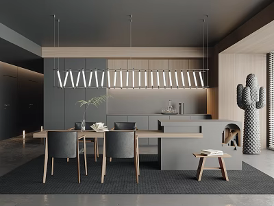 Modern Restaurant Interior Design With Wooden Decor Pendant Lights And Dining Tables 3d model