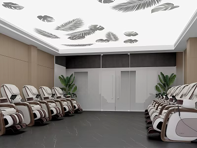 Modern Relaxation Space With Massage Chairs Plants And Ceiling Leaf Patterns 3d model