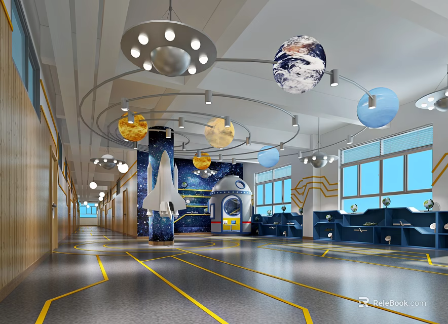 Modern Kindergarten Interior Design With Hanging Planets Decorations Circular Pendant Lights And Spacious Hallway 3d model 
