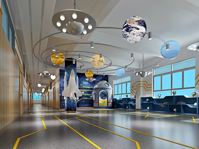 Modern Kindergarten Interior Design With Hanging Planets Decorations Circular Pendant Lights And Spacious Hallway 3d model