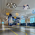 Modern Kindergarten Interior Design With Hanging Planets Decorations Circular Pendant Lights And Spacious Hallway