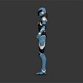 Futuristic Blue And Black Armored Character With Red Accents And Sleek Design