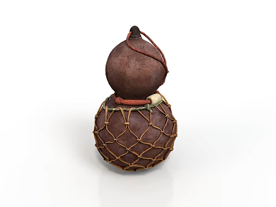 Handcrafted Gourd Shaped Household Item With Brown Net Wrapping And Rope Accent 3d model