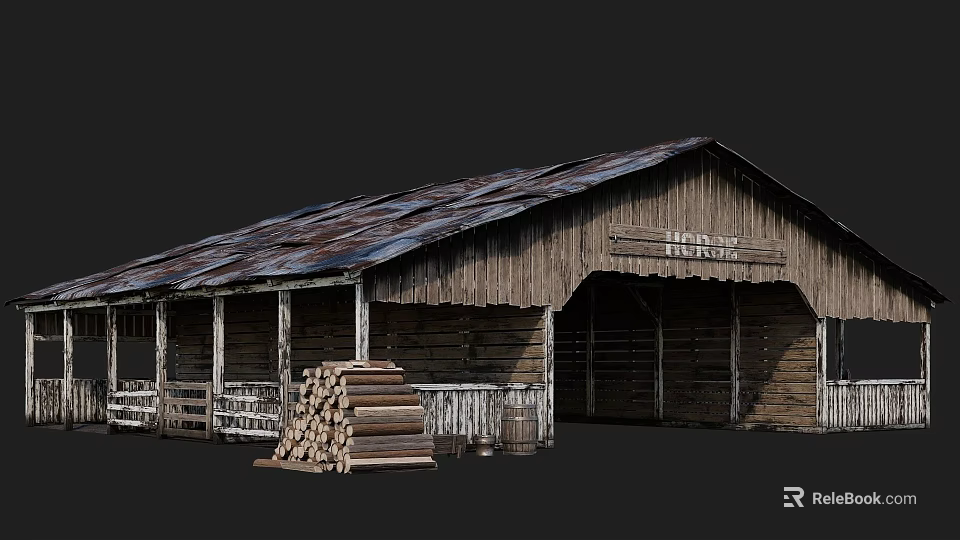 Old Wooden Hay Barn With Rustic Roof Log Stack Fence And Door Sign 3d model 