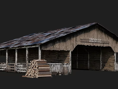 Old Wooden Hay Barn With Rustic Roof Log Stack Fence And Door Sign 3d model