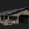 Old Wooden Hay Barn With Rustic Roof Log Stack Fence And Door Sign