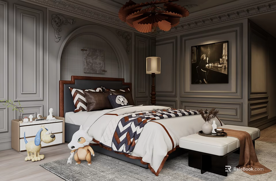 Elegant Bedroom Interior With Striped Bedding Pillows Decorative Gray Walls Framed Painting Chandelier Stuffed Toys 3d model 