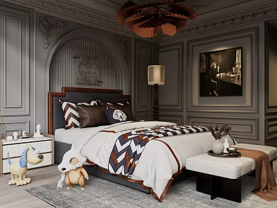 Elegant Bedroom Interior With Striped Bedding Pillows Decorative Gray Walls Framed Painting Chandelier Stuffed Toys 3d model