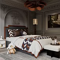 Elegant Bedroom Interior With Striped Bedding Pillows Decorative Gray Walls Framed Painting Chandelier Stuffed Toys
