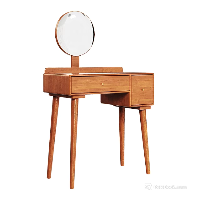 Modern Minimalist Wooden Dressing Table With Round Mirror And Slim Drawers 3d model 