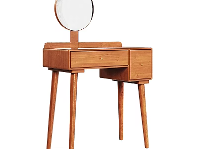 Modern Minimalist Wooden Dressing Table With Round Mirror And Slim Drawers 3d model