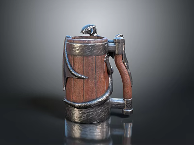 Wooden And Metal Tankard With Snake Shaped Handle And Metal Decorations 3d model