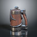 Wooden And Metal Tankard With Snake Shaped Handle And Metal Decorations