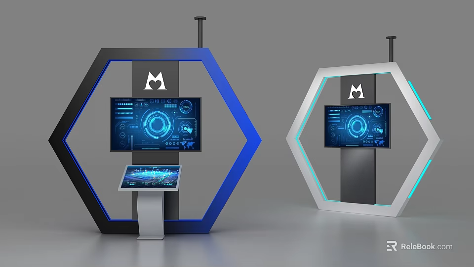 Modern Public Facility With Hexagonal Structure Display Screens And Touchscreen Interface 3d model