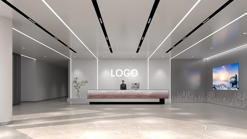 Modern Minimalist Office Front Reception Area With Stylish Linear Ceiling Lighting And Corporate Logo Wall 3d model 
