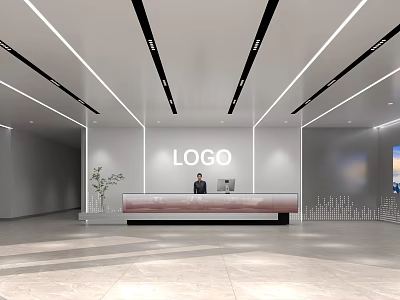 Modern Minimalist Office Front Reception Area With Stylish Linear Ceiling Lighting And Corporate Logo Wall 3d model