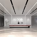Modern Minimalist Office Front Reception Area With Stylish Linear Ceiling Lighting And Corporate Logo Wall