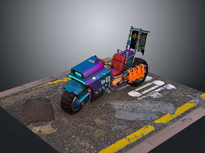 Vibrant Modified Vehicle With Blue Purple Orange Accents On Damaged Road With Yellow White Markings 3d model