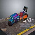 Vibrant Modified Vehicle With Blue Purple Orange Accents On Damaged Road With Yellow White Markings