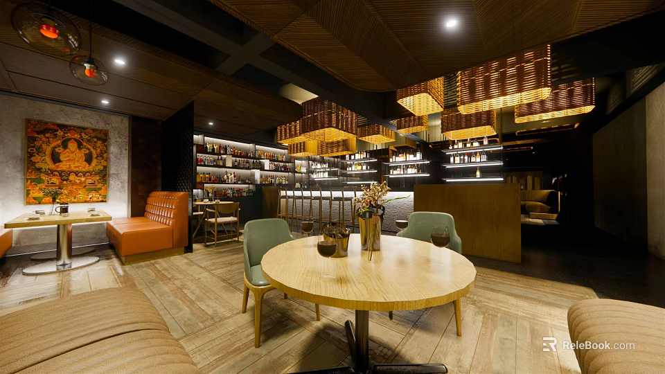 Warm Cafe Interior Design With Wooden Ceiling Pendant Lights Round Table And Green Chairs 3d model 