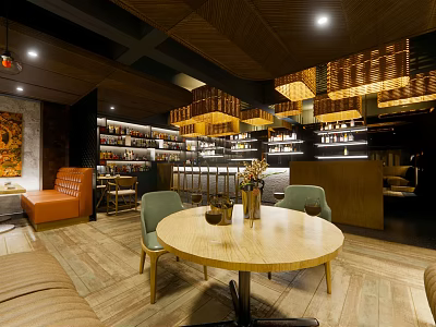 Warm Cafe Interior Design With Wooden Ceiling Pendant Lights Round Table And Green Chairs 3d model