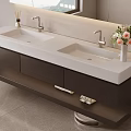 Modern Double Sink Bathroom Washbasin with White Countertop Dark Cabinets and Flower Vase