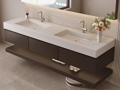Modern Double Sink Bathroom Washbasin with White Countertop Dark Cabinets and Flower Vase 3d model