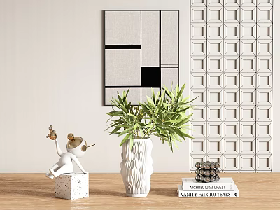 Modern Decorative Ornaments Set With Green Plants Vase Animal Figurine And Books 3d model