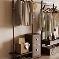 Modern Wooden And Metal Clothes Racks With Hanging Garments Storage Baskets And Shoes