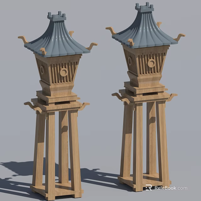 Two Wooden Traditional Pagoda Style Decorative Towers With Blue Roofs And Carved Details 3d model 