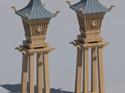 Two Wooden Traditional Pagoda Style Decorative Towers With Blue Roofs And Carved Details 3d model
