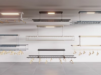 Different Designs of Modern Ceiling Mounted Clothes Hangers with Multiple Hooks and LED Lights 3d model